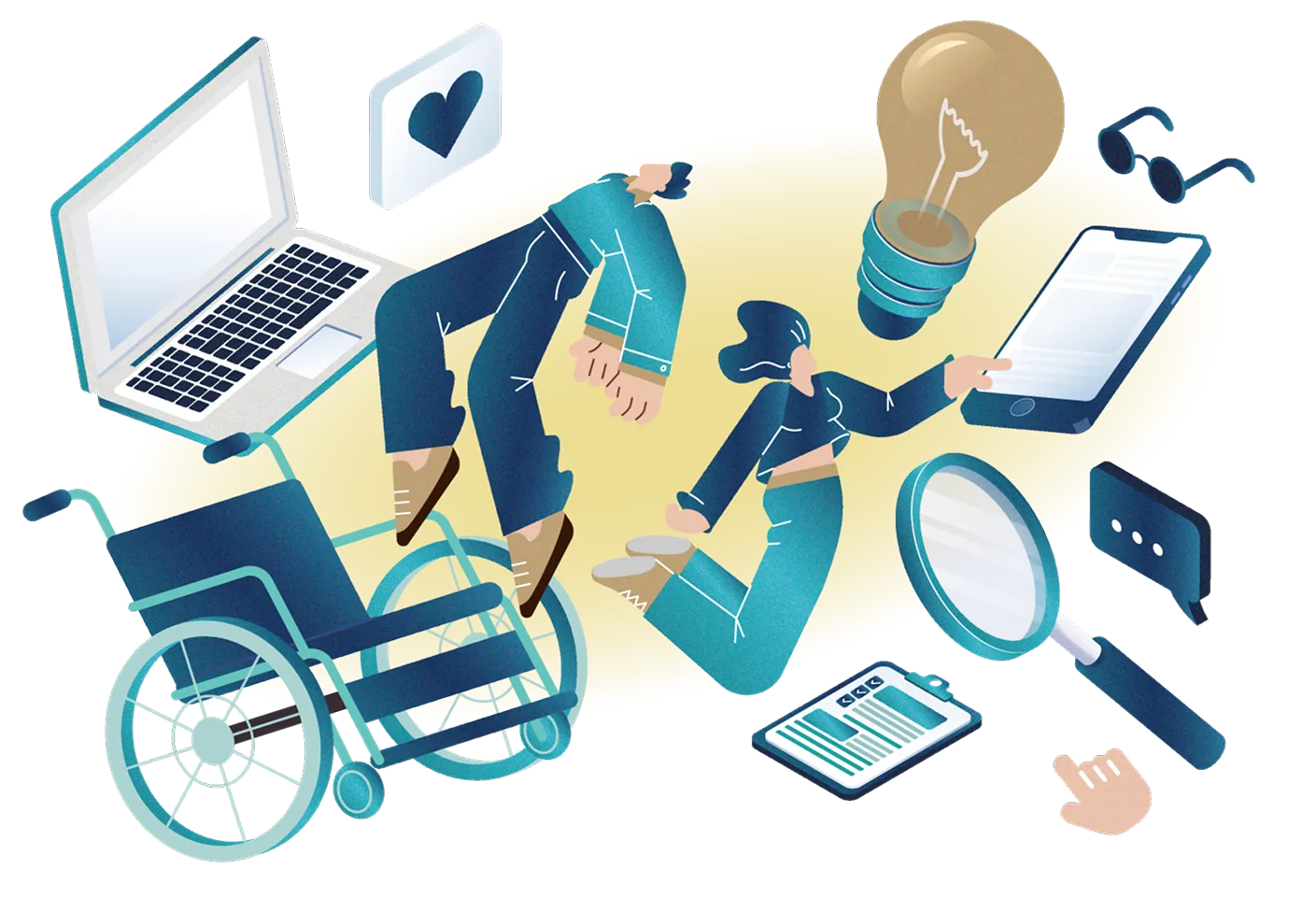 テクノロジーやアクセシビリティを連想させるイラスト。2人の人物が中心に浮かんでおり、1人は車椅子から、もう1人はスマートフォンを操作しながら浮かんでいる。周囲には車椅子、ノートパソコン、電球、拡大鏡、書類、メガネ、ハートマーク、吹き出しなどが配置されている。